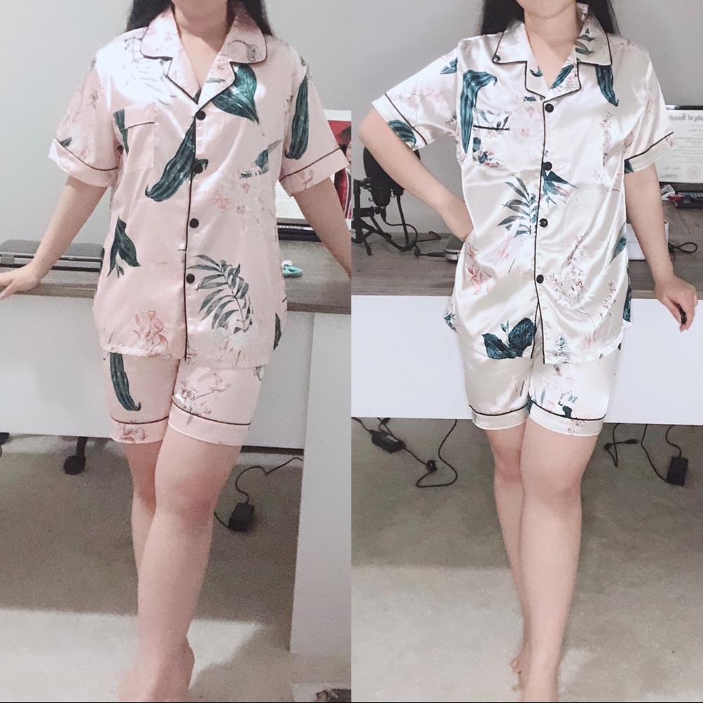 2 Sets Women satin short sleeve pant print floral button up sleepwear pajamas
